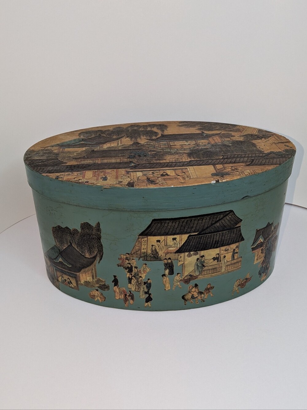 Vtg. Bentwood Asian Art Lidded Oval Painted "Old Time Woodenware Box" Wilton NH